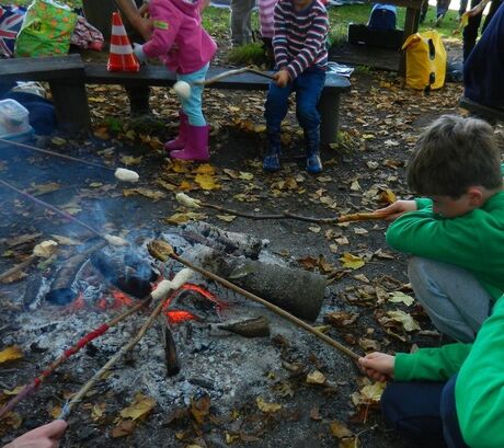 Children toasting marshmallows over a fire pit